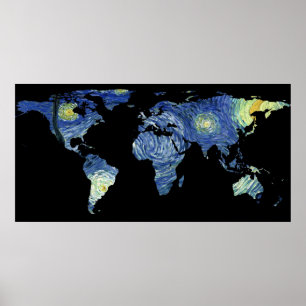 World Map Silhouette - The Starry Night Poster