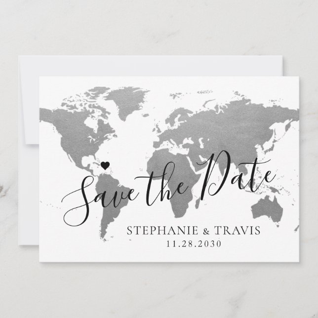 World Map Silver Grey Destination Wedding Photo Save The Date (Front)