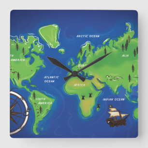 World Map Square Wall Clock