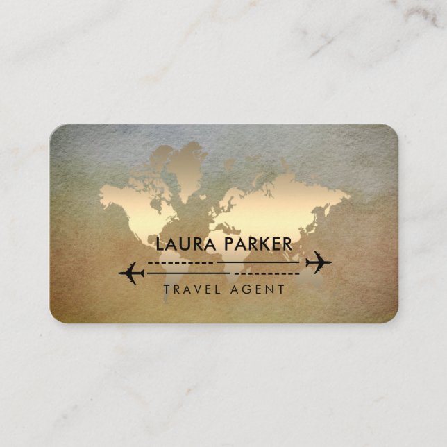 World Map Travel Agent Gold Tourism Aeroplane Business Card (Front)