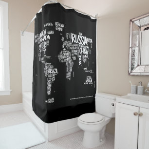 World Map Typography Shower Curtain, Black & White Curtain