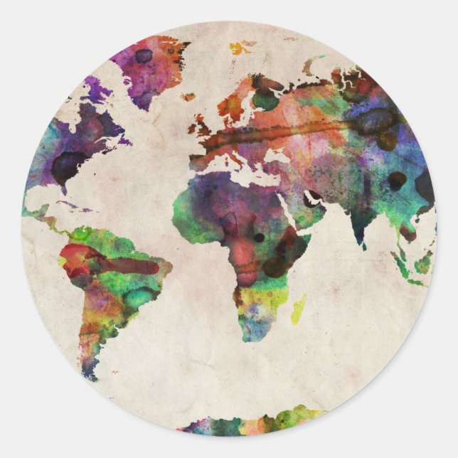 World Map Urban Watercolor Classic Round Sticker (Front)