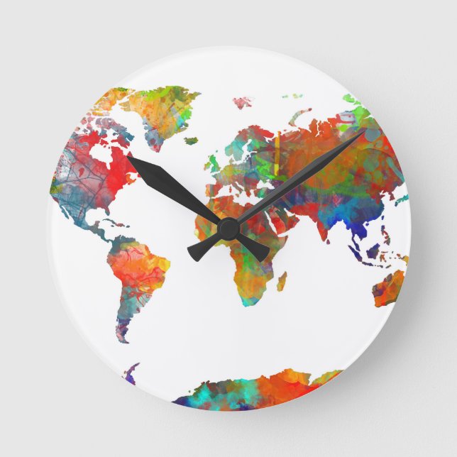 world map watercolor 18 round clock (Front)