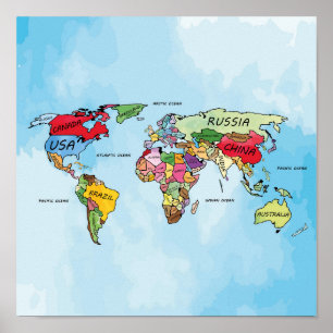 World Map watercolor artwork Poster