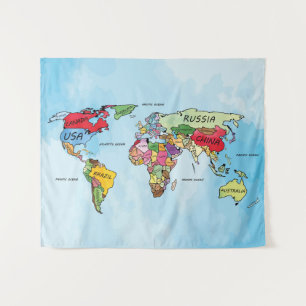 World Map watercolor artwork Tapestry