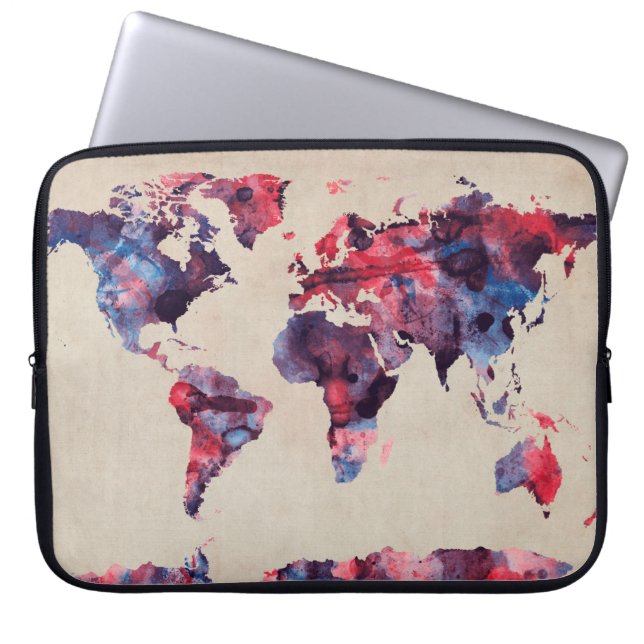 World Map Watercolor Laptop Sleeve (Front)