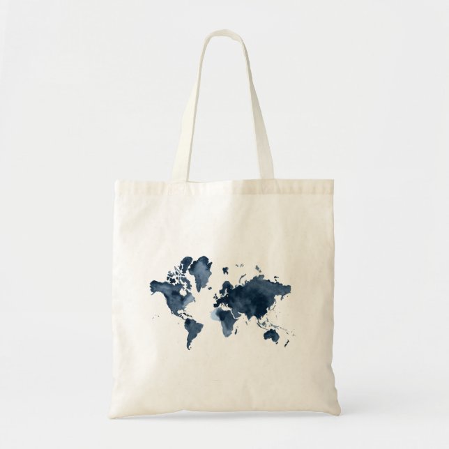 World Map Watercolor Navy Double-sided. Tote Bag (Front)