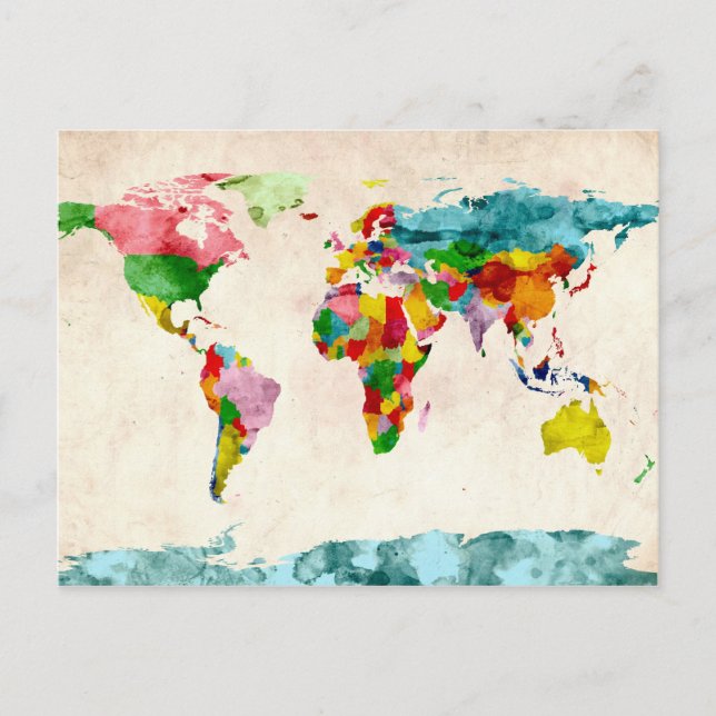 World Map Watercolors Postcard (Front)