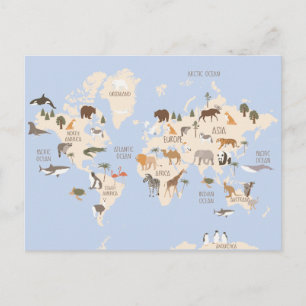 World Map with Animals Postcard