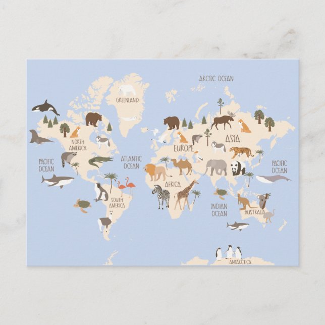 World Map with Animals Postcard (Front)