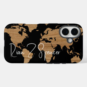 World Map with Name on Black iPhone 16 Case