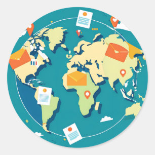 world-map-with-postcards-flying-between-countr classic round sticker