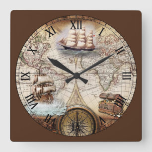 World Map with Ship and Compass Square Wall Clock