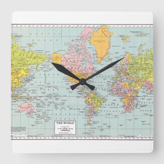 World Map with white border Square Wall Clock (Front)