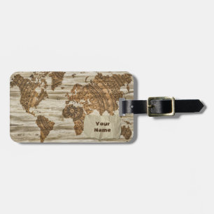world map wooden compass luggage tag