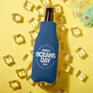 World Oceans Day Blue Stylised Earth Waves Bottle Cooler