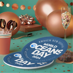 World Oceans Day Blue Stylised Earth Waves Paper Plate