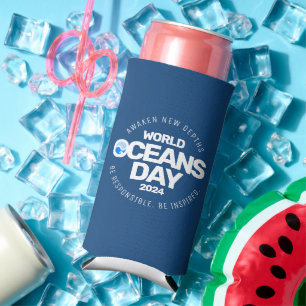 World Oceans Day Blue Stylised Earth Waves Seltzer Can Cooler