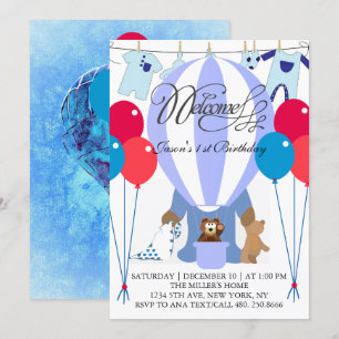 World of Blue Balloons First Birthday Invitation
