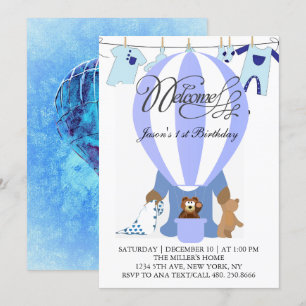World of Blue Balloons First Birthday Invitation