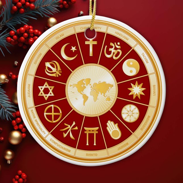World of Faith Ceramic Ornament (Gold symbols of international religions surround a world map. )