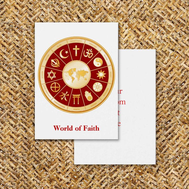 World of Faith Mighty Profile Card (World of Faith Flat Greeting Card. Gold symbols of international religions surround a world map. )