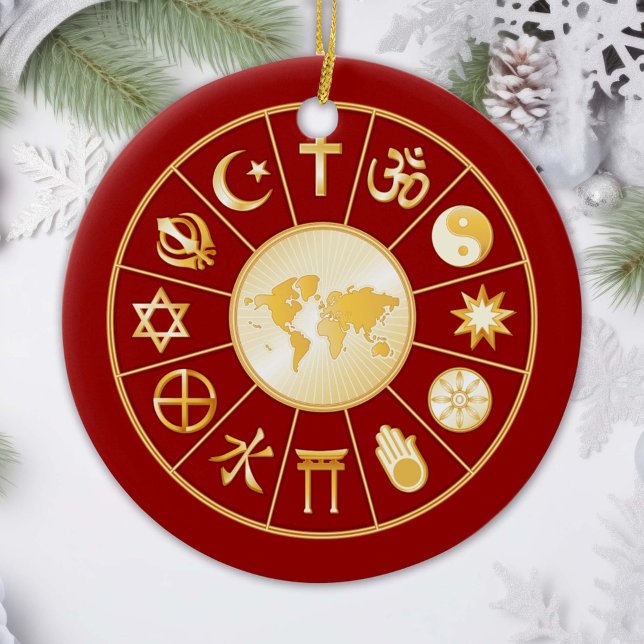 World of Faith Ornament (Gold symbols of international religions surround a world map. )