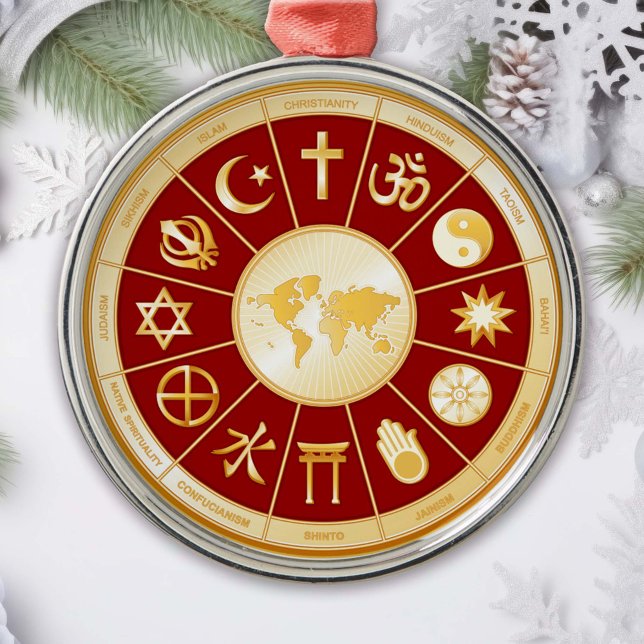 World of Faith Ornament (Gold symbols of international religions surround a world map. )