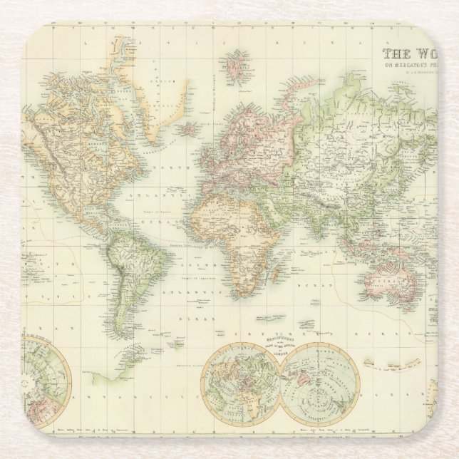 World On Mercator's Projection Square Paper Coaster (Front)