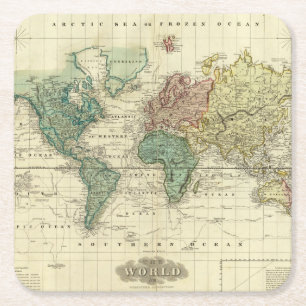 World on Mercators Projection Square Paper Coaster