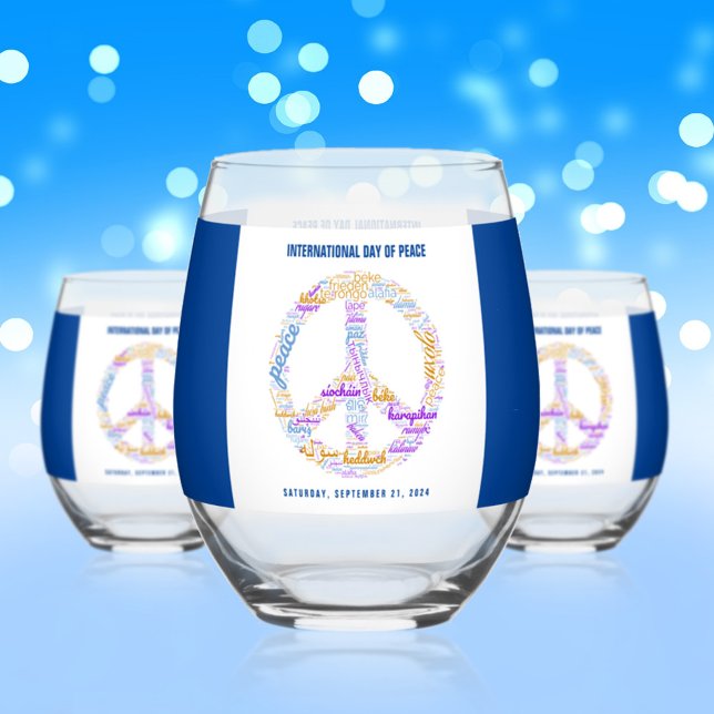 World Peace Day Peace Sign Word Cloud Stemless Wine Glass (World Peace Day Peace Sign Word Cloud Stemless Wine Glasses Cover Photo.)