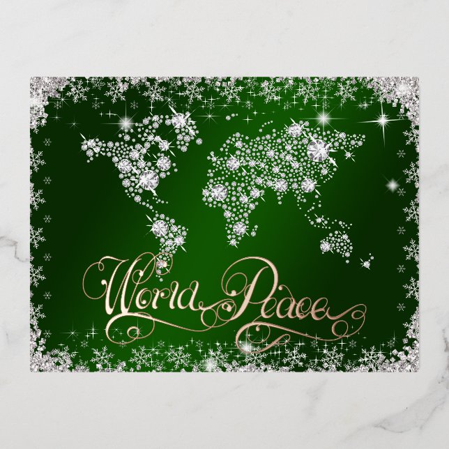 World Peace Emerald Green and Diamonds  Foil Holiday Postcard (Front)