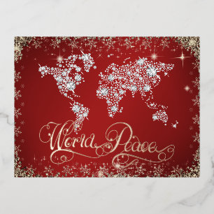 World Peace Red and Diamonds Foil Holiday Postcard