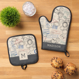 World Postage Stamps Pattern Oven Mitt & Pot Holder Set