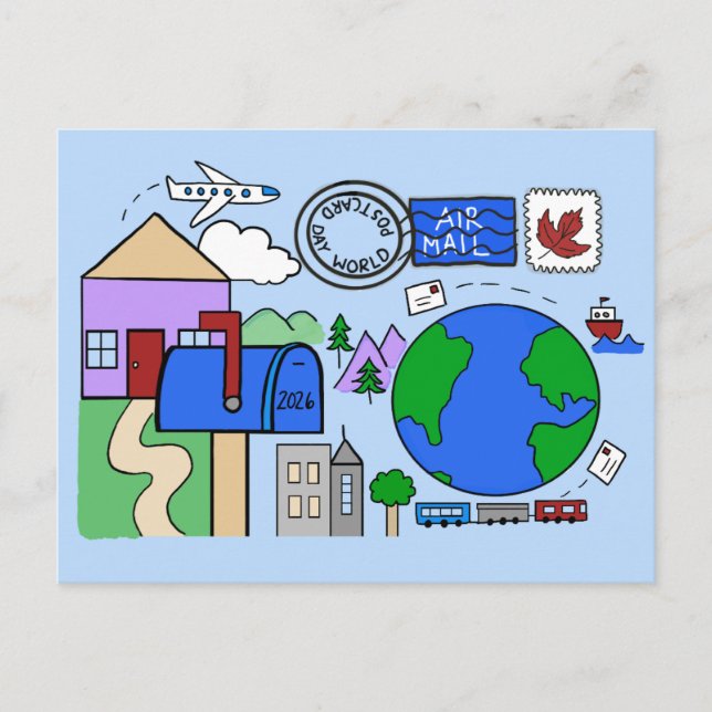 World Postcard Day 2026 - transportation in blue (Front)