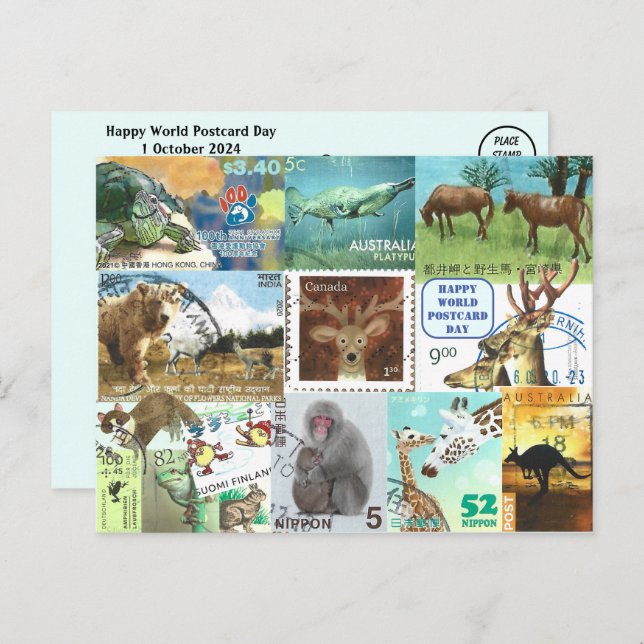 World Postcard Day - Animal Postage Stamp Collage (Front/Back)