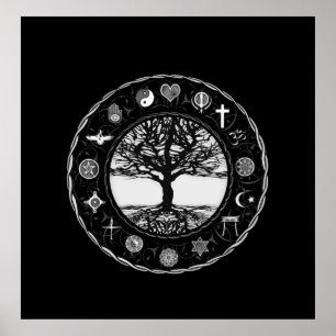World Religions Black and White Tree Poster