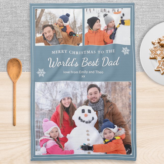 World’s Best Dad 3 Photos Christmas Blue Tea Towel (A stylish gray kitchen tea towel for the 'World's Best Dad' at Christmas, with three custom photos)