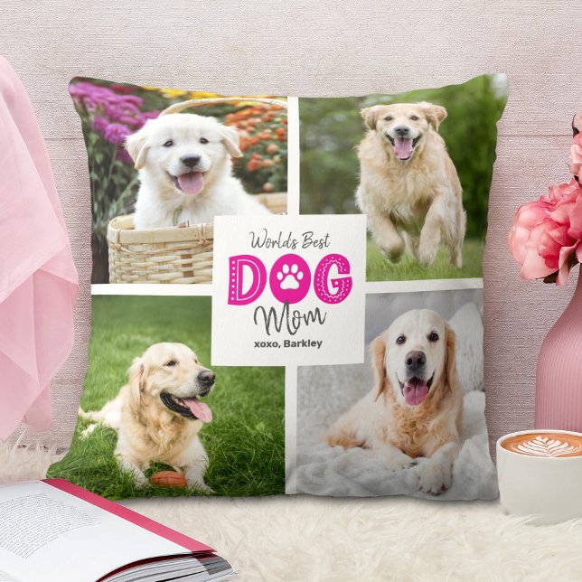 World’s Best Dog Mum 4 Photo Pink on White Custom Cushion (Creator Uploaded)