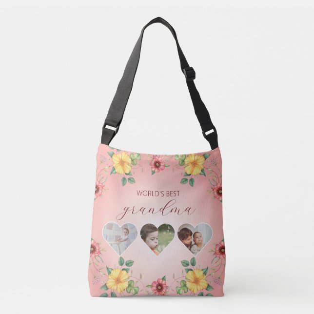 World’s Best Grandma Floral Heart Photo Frame Crossbody Bag (Front)