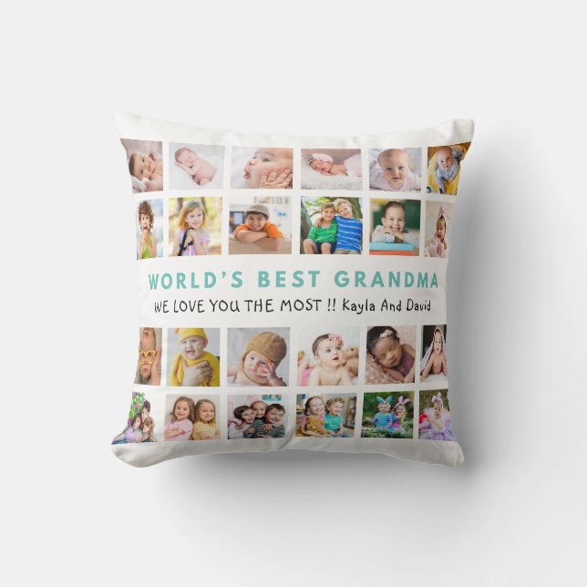 World’s Best Grandma Grandkids 24 Photo Teal Cushion (Front)