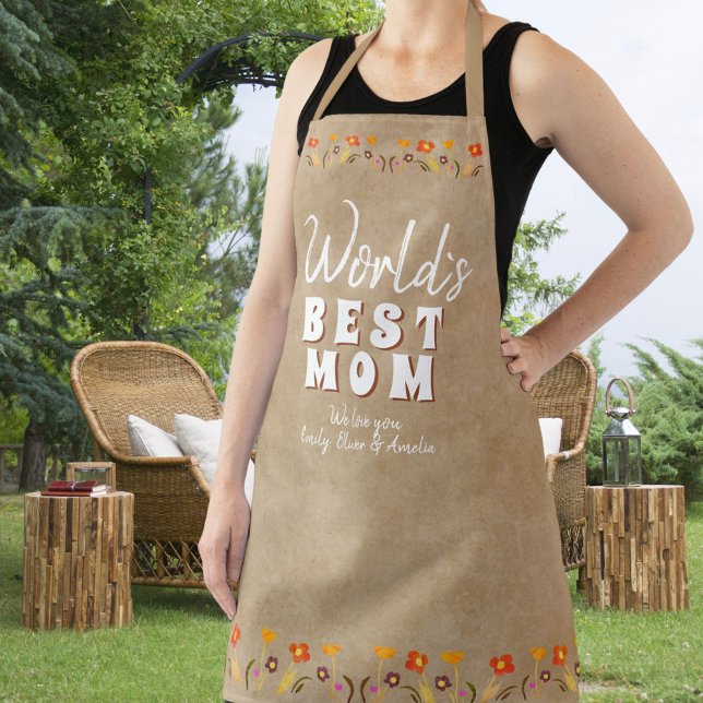 World`s Best Mum Flowers Floral Beige Mother`s Day Apron (Creator Uploaded)