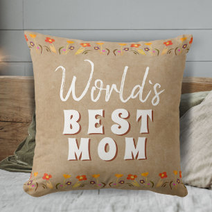 World`s Best Mum Flowers Floral Rustic Beige  Cushion
