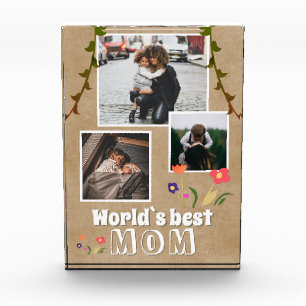 World`s Best Mum Flowers Old Paper Photo Block