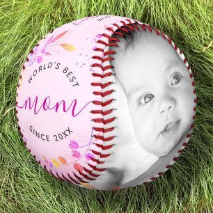 World’s Best Mum Pink Glitter Leaves Script Photo Baseball