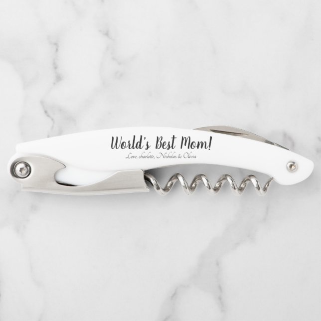 World’s Best Mum white black custom script elegant Corkscrew (Front)