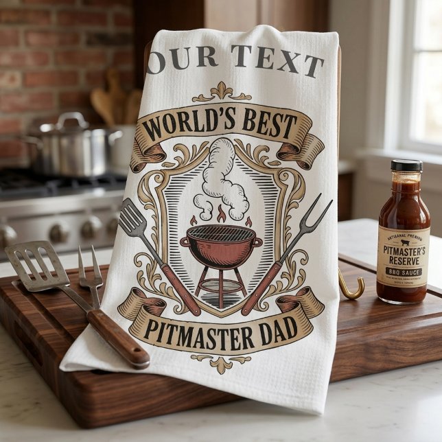 World’s Best Pitmaster Dad Retro BBQ Crest Custom Tea Towel (Creator Uploaded)