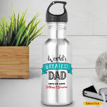 World’s Greatest Dad, Cool Bold Modern Teal Banner 532 Ml Water Bottle<br><div class="desc">“World’s Greatest Dad.” Let Dad know what you really think of him. Time for him to quench his thirst after a workout with this cool water bottle sporting modern black, red, and white typography and a teal blue banner on a stainless steel background. Customise with his child’s(children’s) name(s) for the...</div>