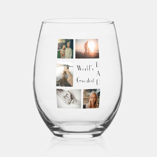 World’s Greatest Dad Family Child 5 Photo Collage Stemless Wine Glass
