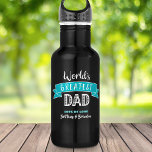 World’s Greatest Dad Teal Banner Type Cool Modern 532 Ml Water Bottle<br><div class="desc">“World’s Greatest Dad.” Let Dad know what you really think of him. Time for him to quench his thirst after a workout with this cool water bottle sporting modern white typography and a teal turquoise blue banner on a navy blue background. Customise with his child’s(children’s) name(s) for the perfect, personalised...</div>
